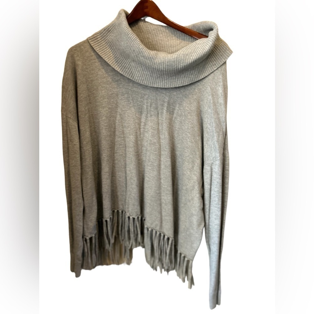Michael Kors Woman's Ribbed Sweater Cowl‎ Neck gray Fringed bottom